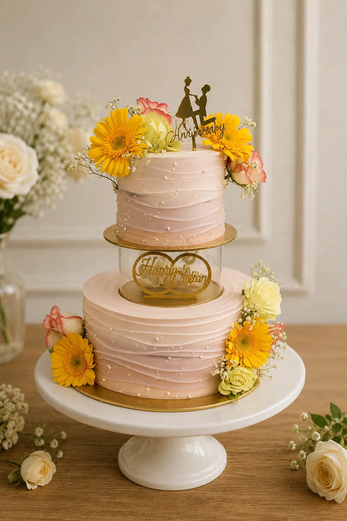 Blush Pink Gerbera Daisy Gold Ring 2-Tier Cake