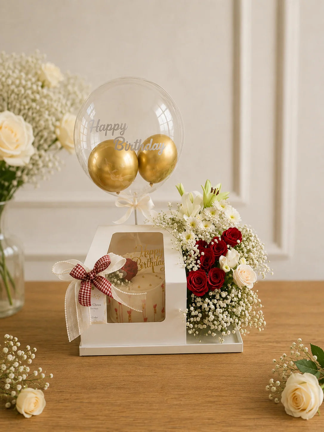 Golden Balloon & Floral Birthday Cake Box handcrafted luxury gift hamper by The Baking Kaur Meerut