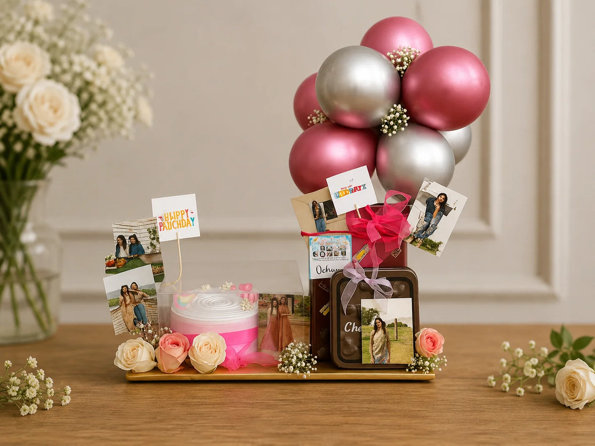 Pink Elegance Photo & Treat Luxury Hamper handcrafted luxury gift hamper by The Baking Kaur Meerut