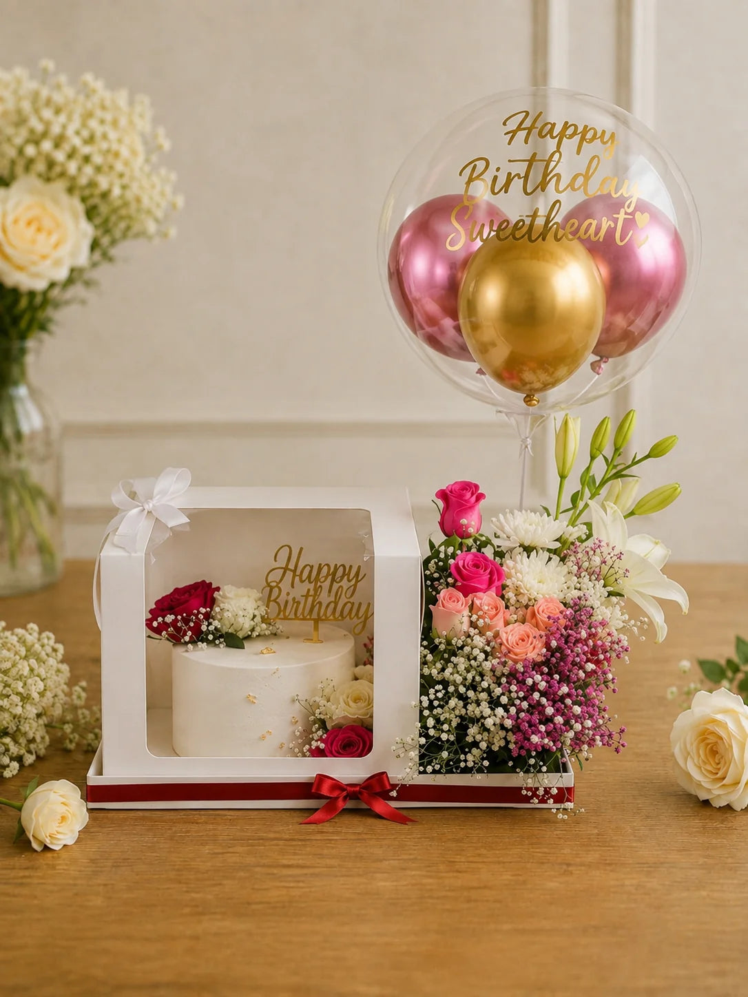 Blush & Gold Floral Birthday Celebration Hamper handcrafted luxury gift hamper by The Baking Kaur Meerut