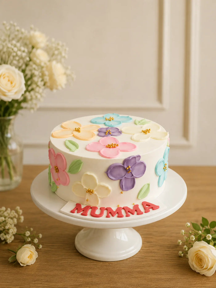 Painted floral with pastel buttercream flowers Celebration Cake