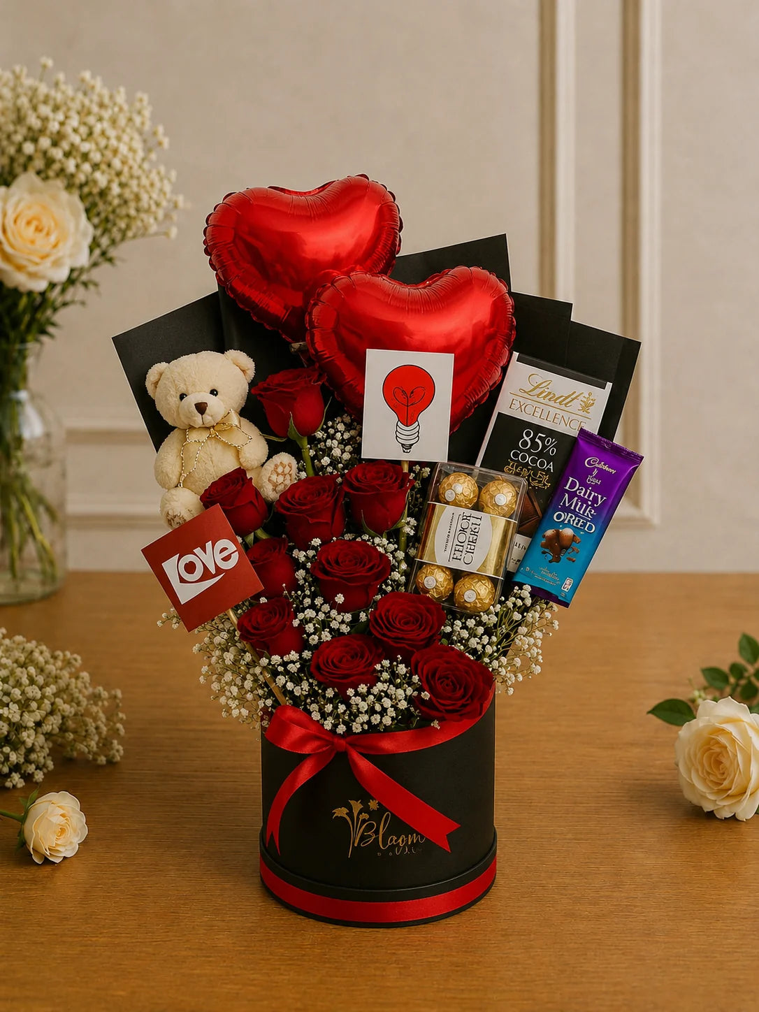 Royal Red Rose & Gourmet Chocolate Romantic Hamper handcrafted luxury gift hamper by The Baking Kaur Meerut