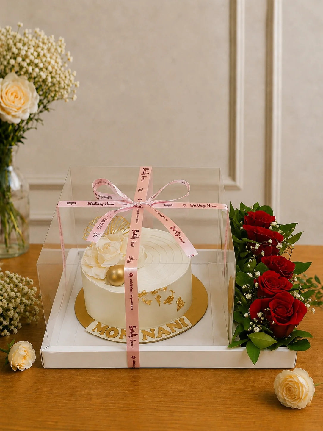 Elegance Gold Leaf Cake & Fresh Red Rose Luxury Hamper handcrafted luxury gift hamper by The Baking Kaur Meerut