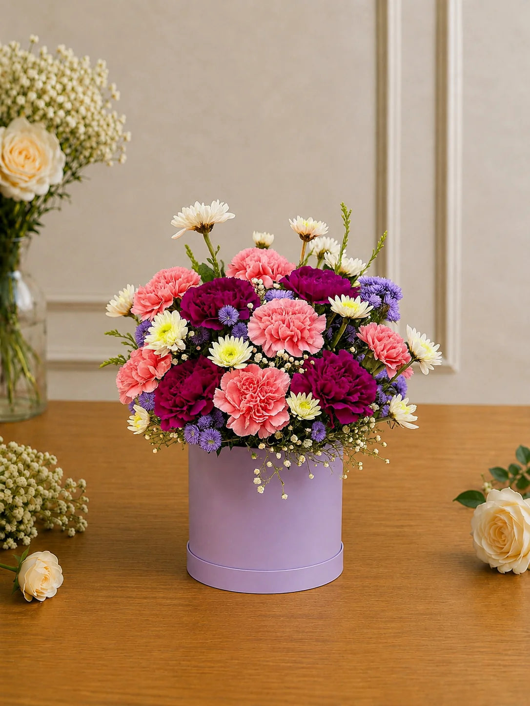 Velvet Amethyst & Pink Carnation Floral Hat Box handcrafted luxury gift hamper by The Baking Kaur Meerut