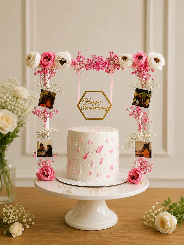 Pearl-White Pink Floral Photo Strip Hoop Cake