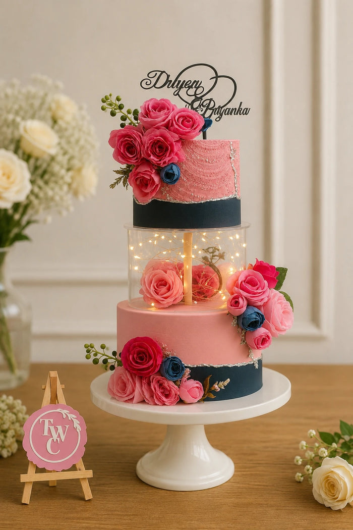 Two-Tier Illuminated Acrylic Separator with Floral Arrangement Celebration Cake