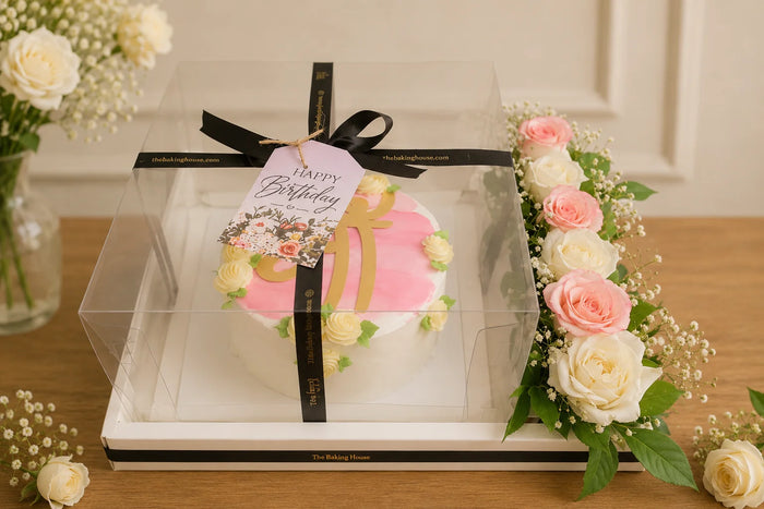 Elegant Pink Birthday Cake & Fresh Floral Acrylic Luxury Hamper