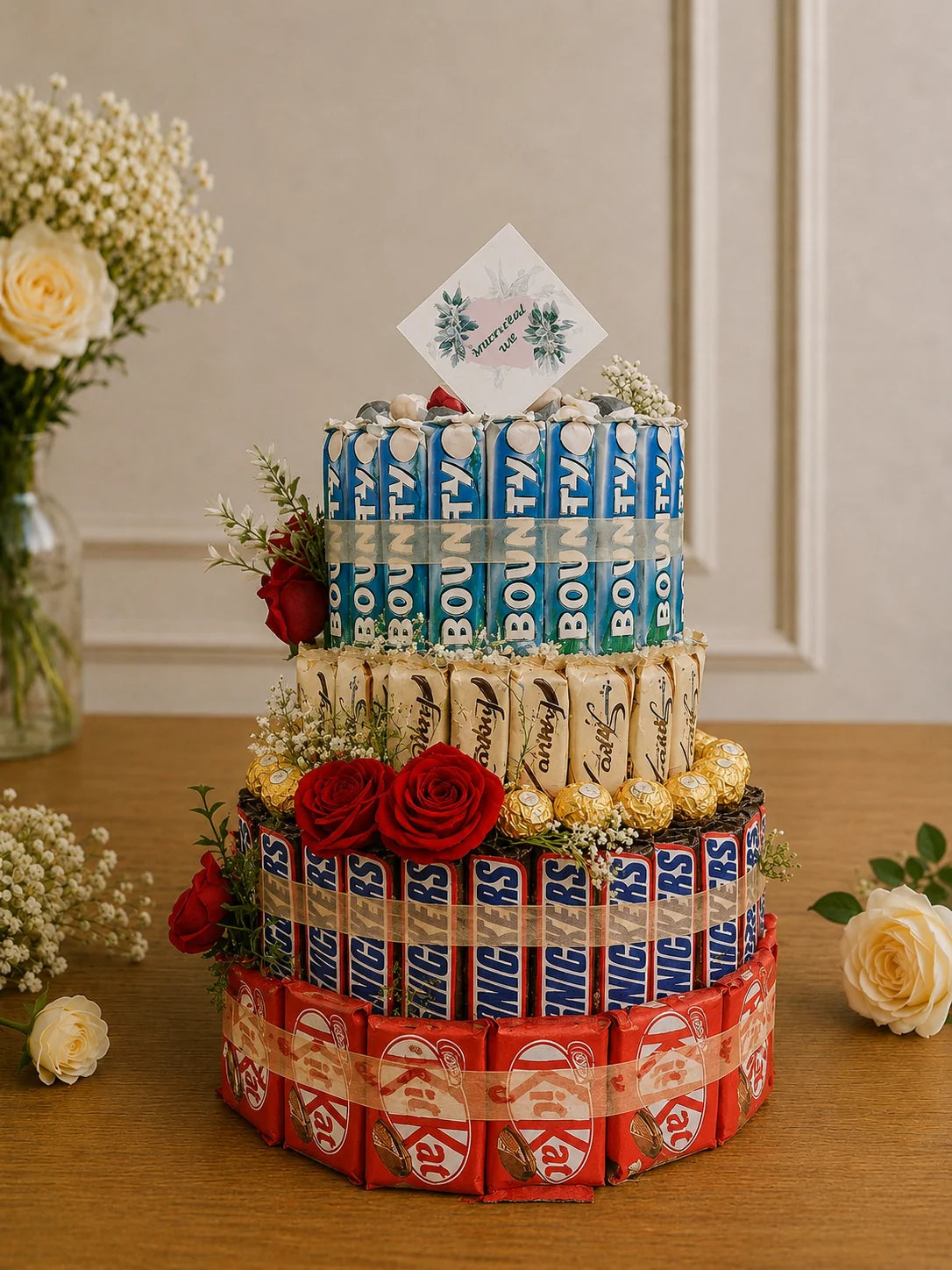 Gourmet Chocolate Tiered Tower & Floral Hamper handcrafted luxury gift hamper by The Baking Kaur Meerut