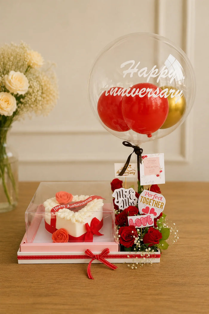 Anniversary Rose & Heart Cake Custom Balloon Hamper