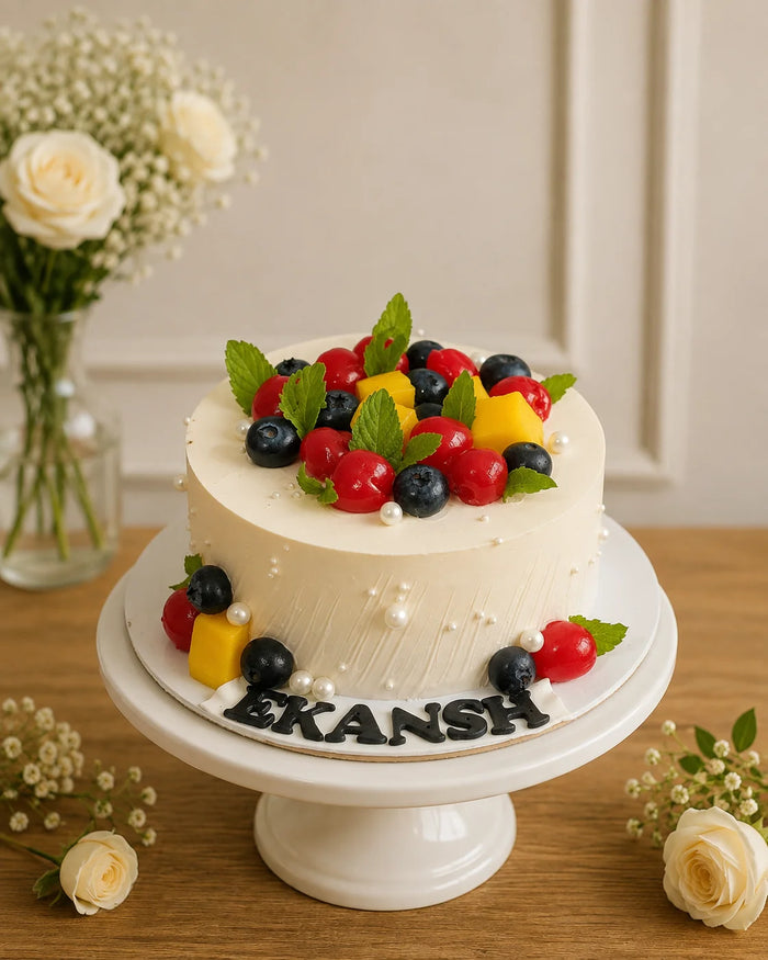 Fresh Fruit and Pearl Minimalist Celebration Cake