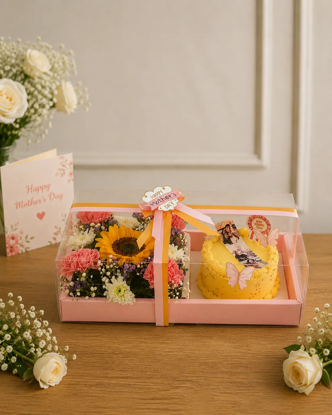 Sunshine Floral & Photo-Cake Mother's Day Hamper handcrafted luxury gift hamper by The Baking Kaur Meerut