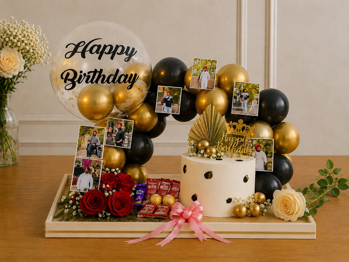 Golden Memory Custom Photo & Cake Luxury Hamper handcrafted luxury gift hamper by The Baking Kaur Meerut