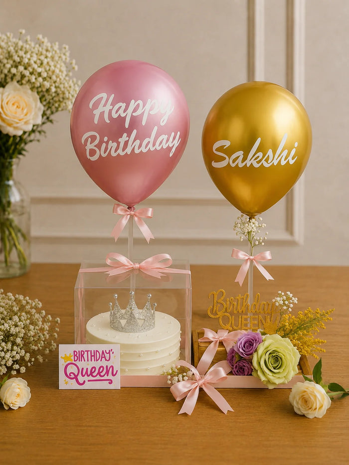 Royal Pink & Gold Birthday Queen Crown Cake Hamper with Personalized Balloons