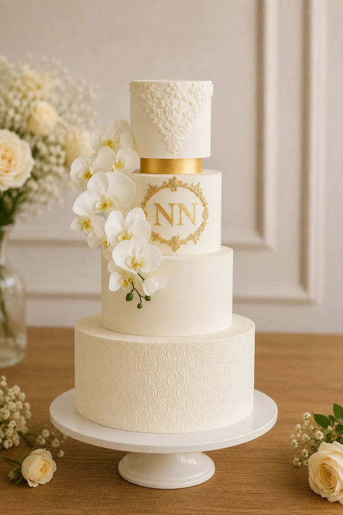 Multi-Tier White Orchids And Monogram Theme Cake