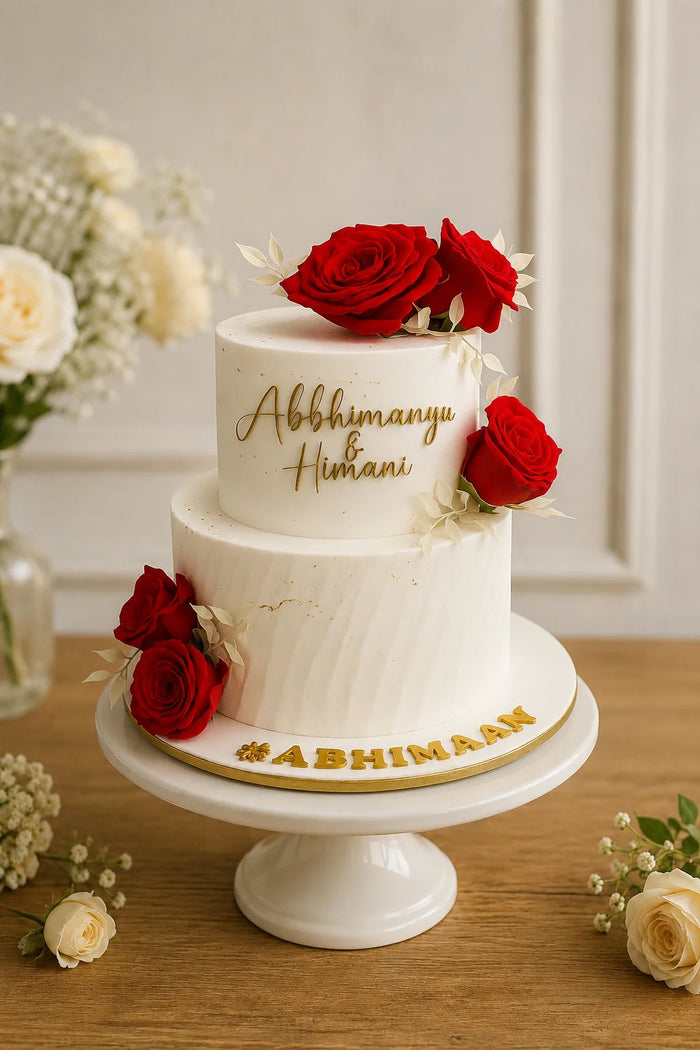 Two-Tier Red Roses & Gold Script Theme Cake
