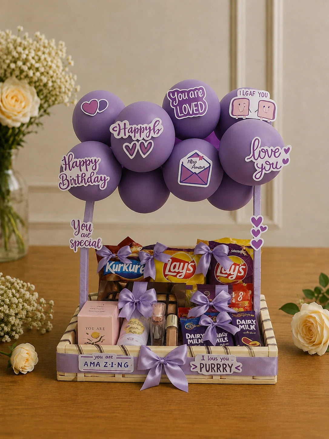 Pastel Purple Birthday Balloon & Gourmet Treat Luxury Hamper handcrafted luxury gift hamper by The Baking Kaur Meerut