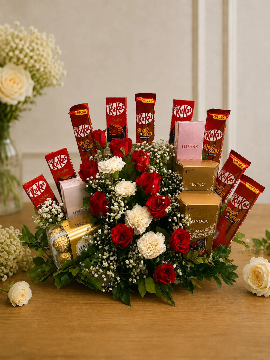 Royal Red Rose & Gourmet Chocolate Arrangement handcrafted luxury gift hamper by The Baking Kaur Meerut