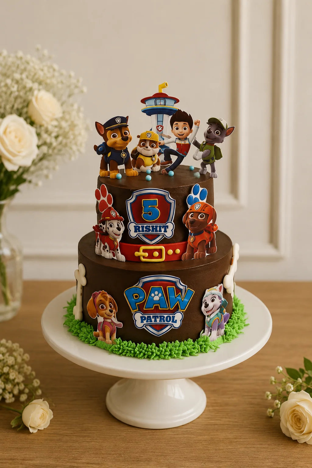 Handcrafted Rishit 5 Paw Patrol Pastel Mix 2-Tier Birthday Tier Cake baked fresh by The Baking Kaur, Thapar Nagar, Meerut