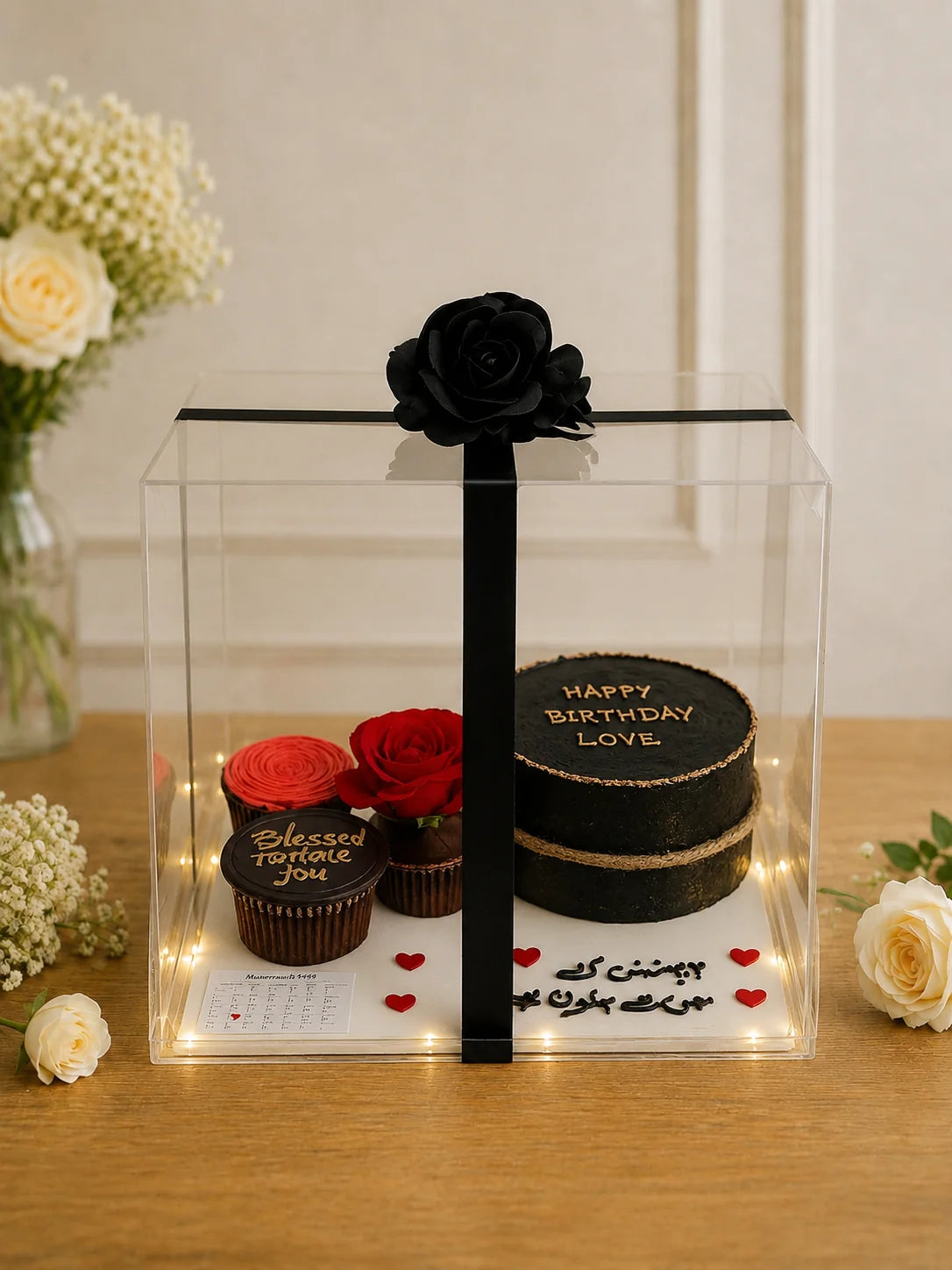 Black Velvet Noir Birthday Luxury Hamper with Red Rose & Cupcakes handcrafted luxury gift hamper by The Baking Kaur Meerut