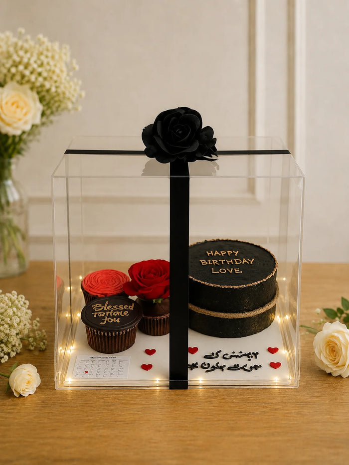 Black Velvet Noir Birthday Luxury Hamper with Red Rose & Cupcakes