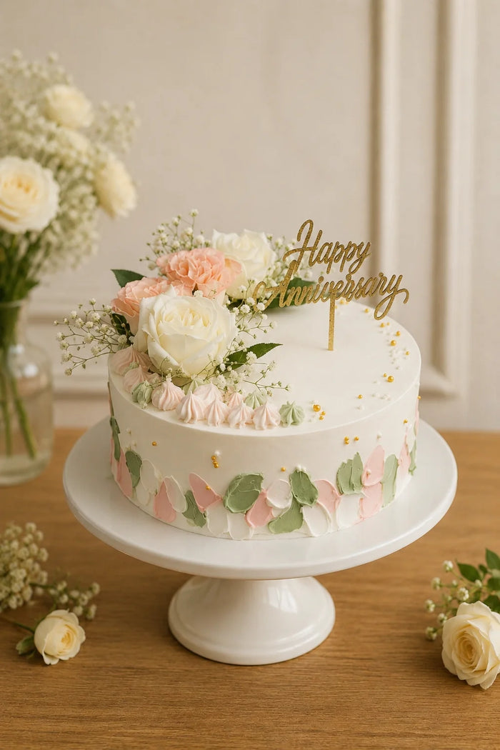 Ivory Anniversary Cake with Baby's Breath Filler Flowers