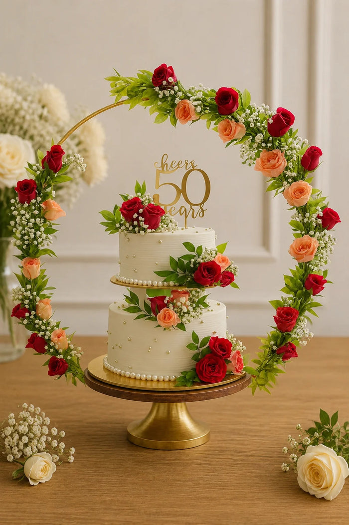 Cheers to 50 Years 2-Tier Golden Anniversary Cake with Floral Hoop