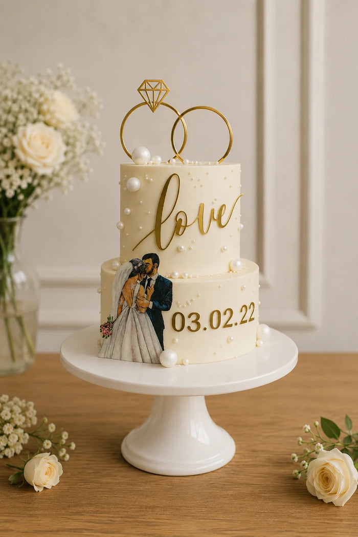 Two-Tier Wedding Couple & Ring Topper Cake