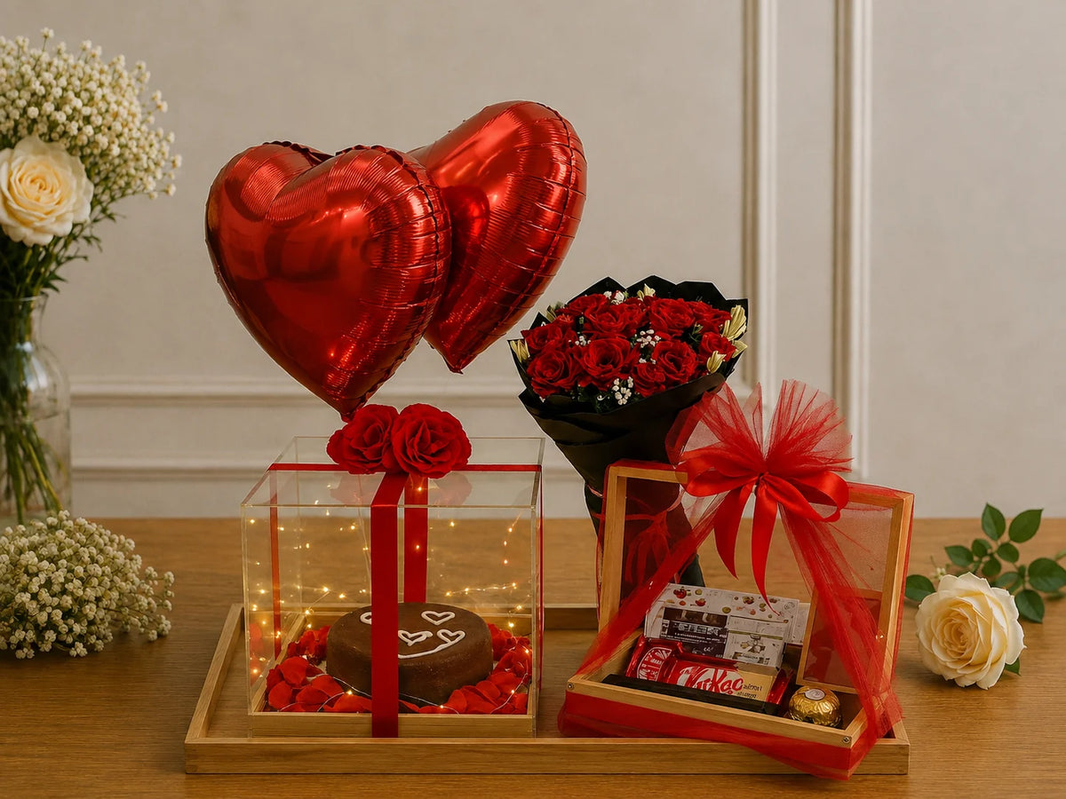 Red Romance Heart Balloon & Truffle Cake Luxury Gift Hamper handcrafted luxury gift hamper by The Baking Kaur Meerut
