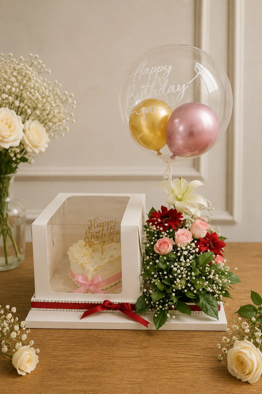 Pastel Pink Birthday Cake & Floral Balloon Luxury Hamper handcrafted luxury gift hamper by The Baking Kaur Meerut