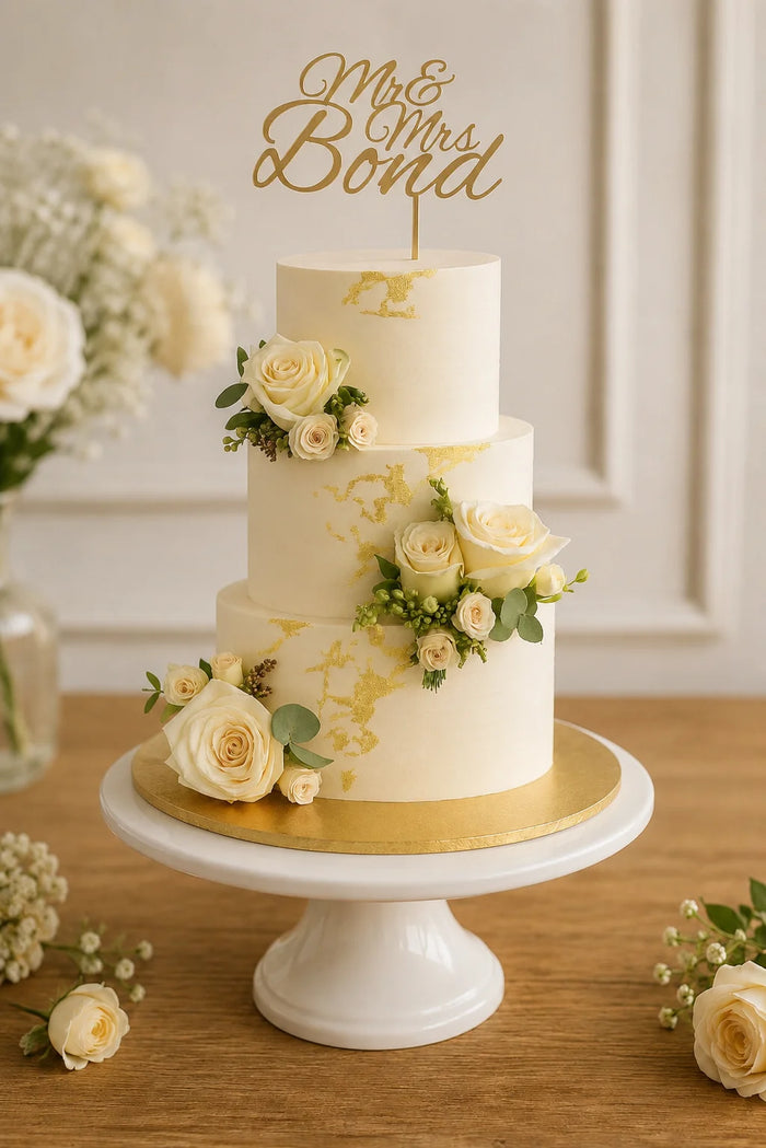 Three-Tier Gold Leaf & White Roses Celebration Cake