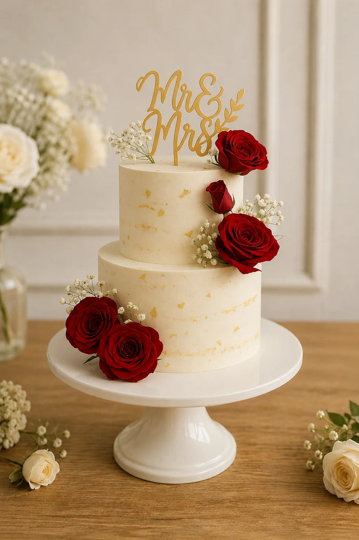 Two-Tier Red Roses & Gold Flakes Theme Cake