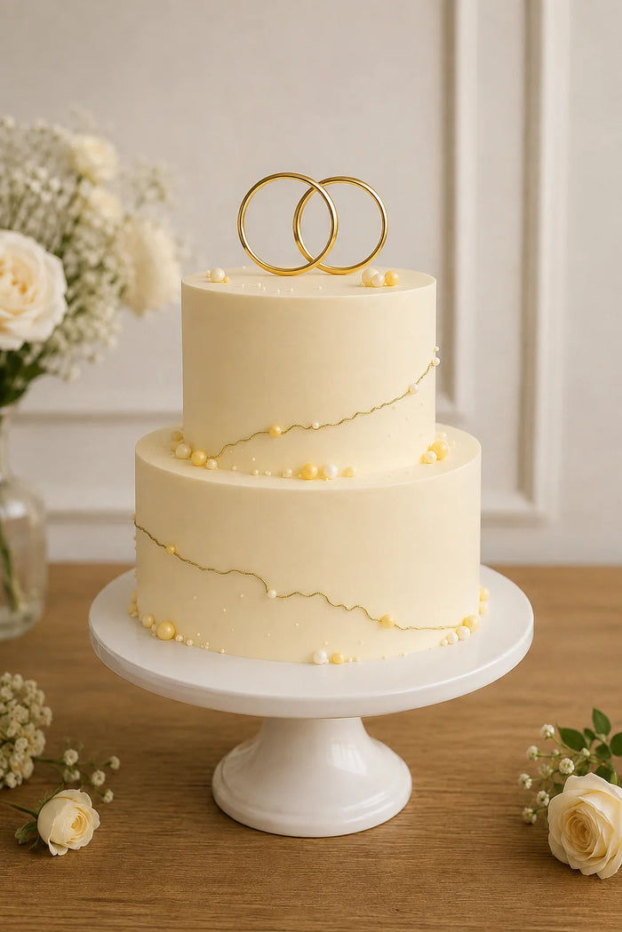 Two-Tier Wedding Rings With Minimalist Pearl And Gold Lines Cake