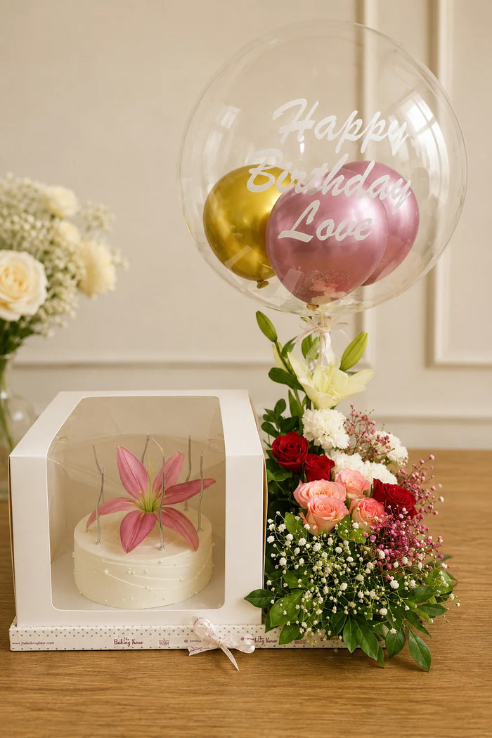 Happy Birthday Love Balloon & Floral Cake Hamper