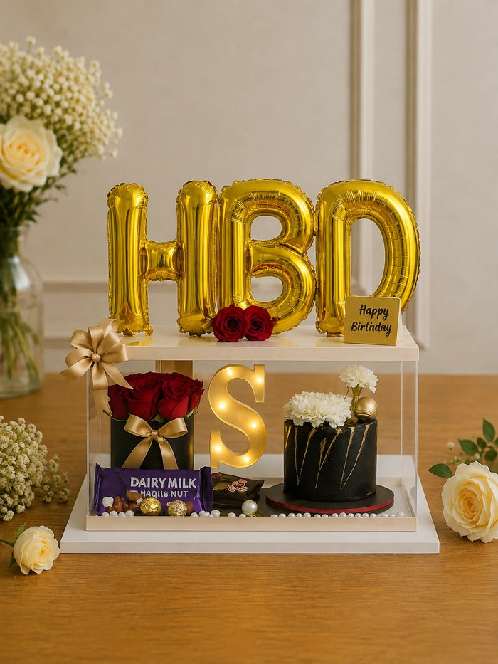 Gold HBD & Black Marble Cake Luxury Acrylic Hamper