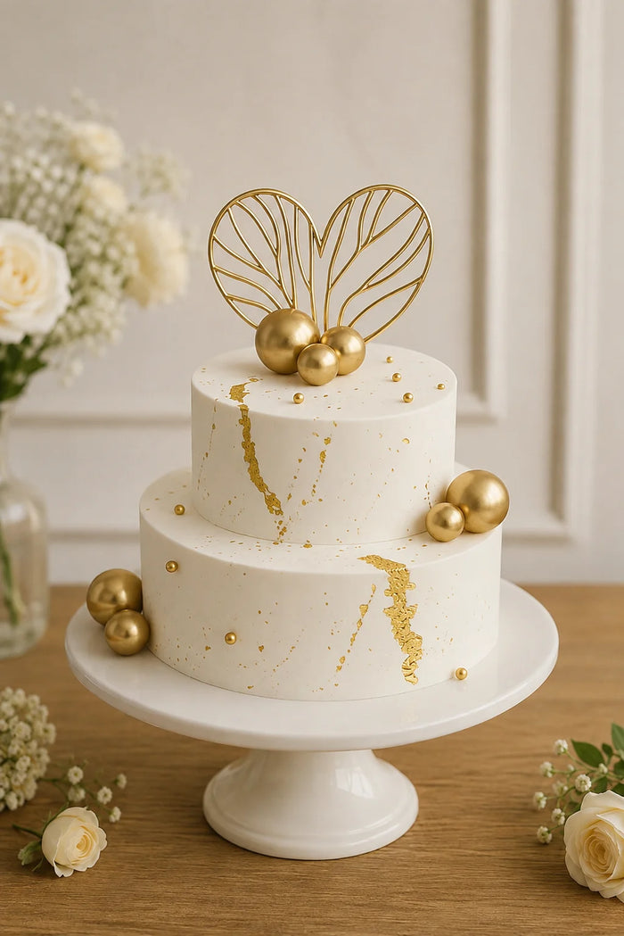 Two-Tier Modern Gold Foil & Spheres Theme Cake