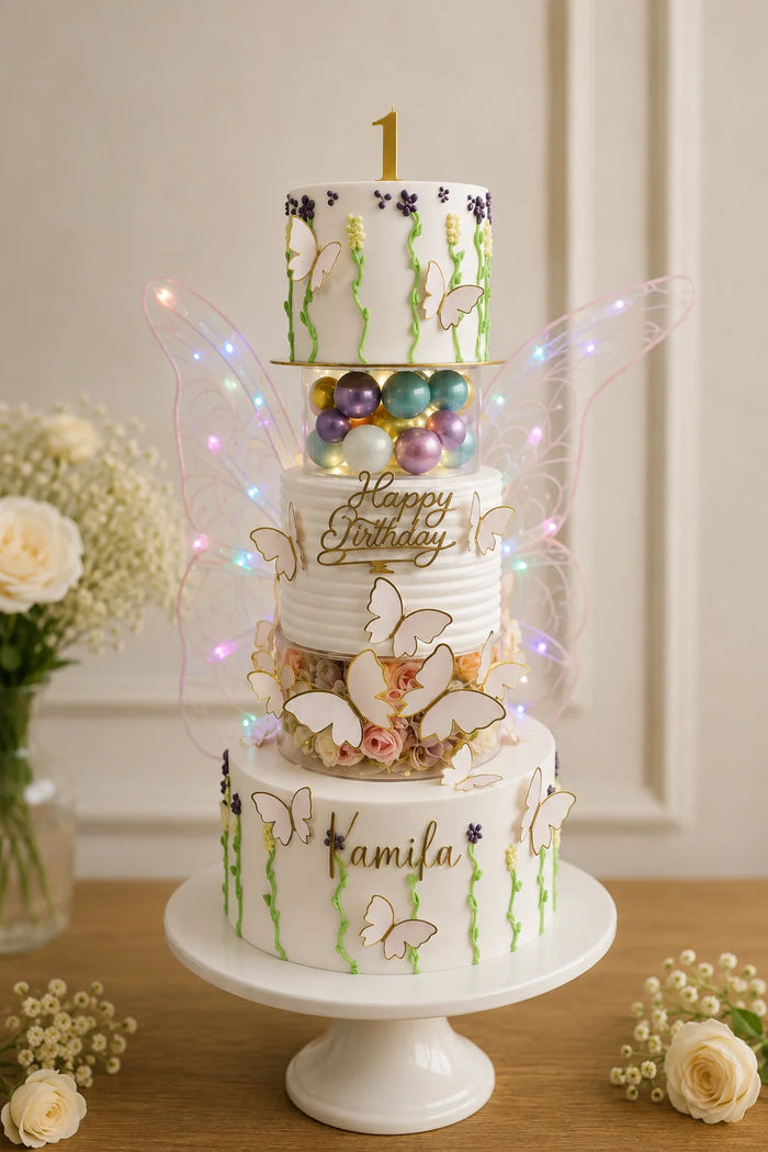 3-Tier 1st Birthday Butterfly Garden Birthday Cake