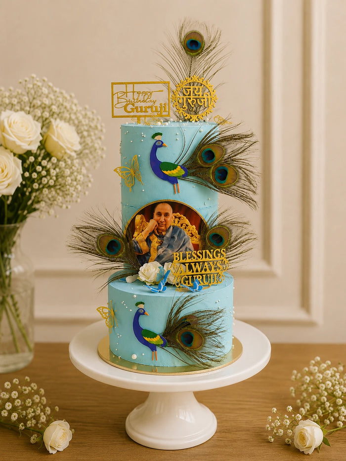 Two-Tier Peacock & Guru Ji Theme Cake