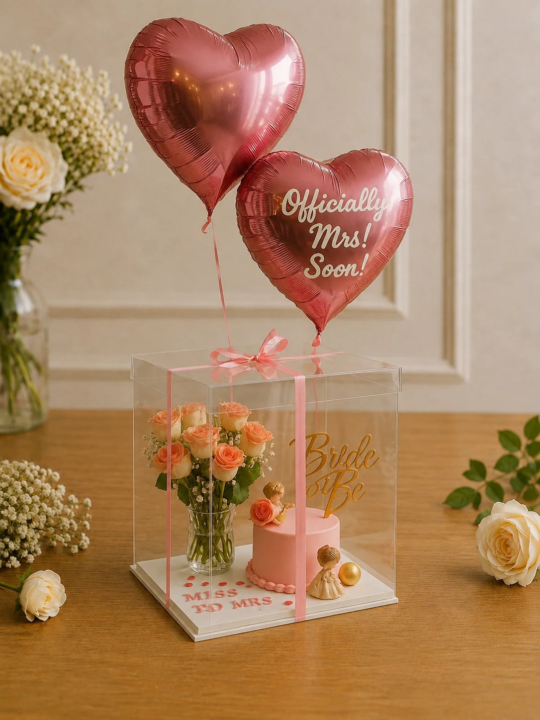 Officially Mrs. Soon Pastel Floral & Cake Acrylic Box Hamper handcrafted luxury gift hamper by The Baking Kaur Meerut