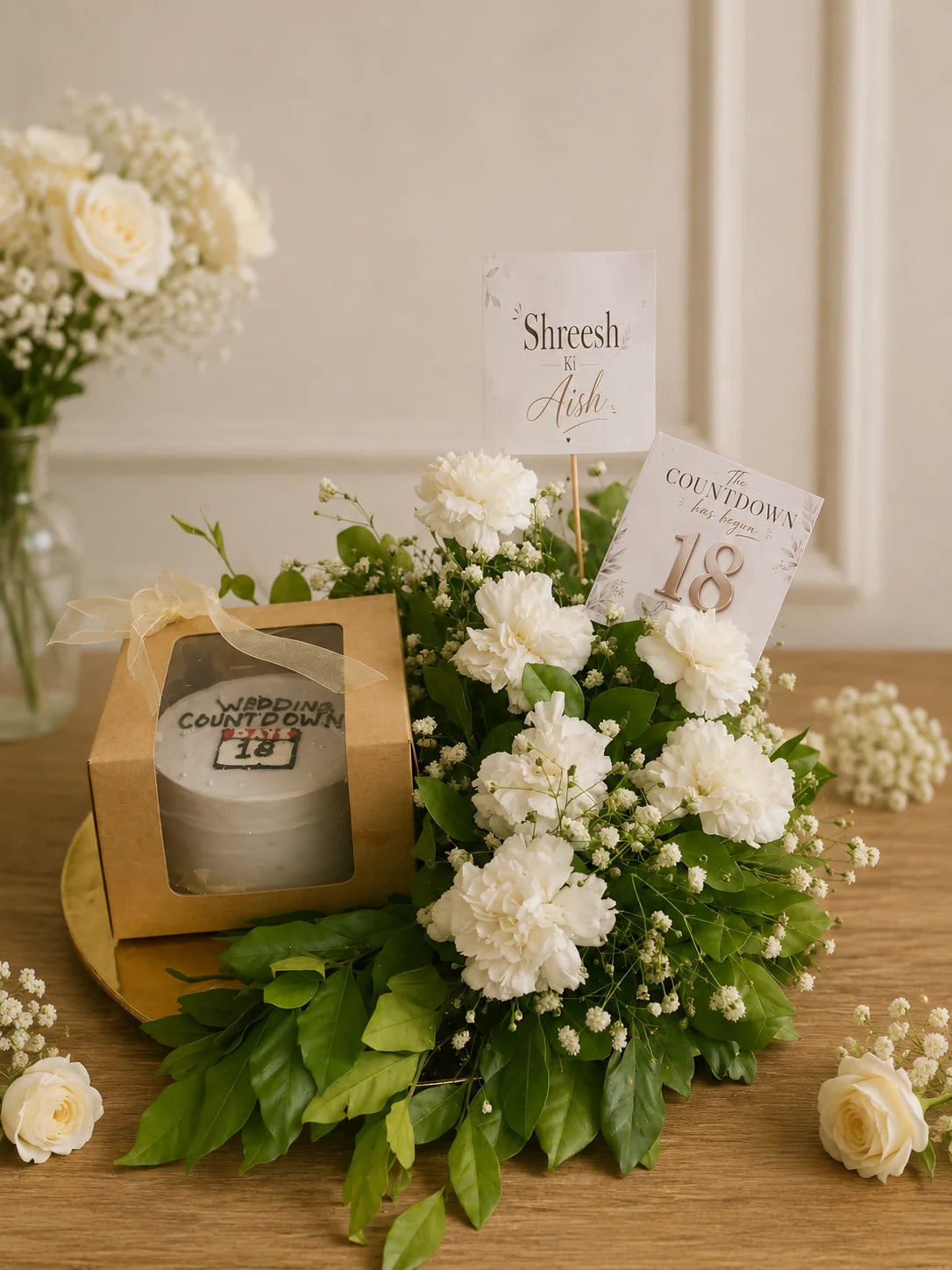 Shreesh & Aish Wedding Countdown Floral Cake Hamper handcrafted luxury gift hamper by The Baking Kaur Meerut