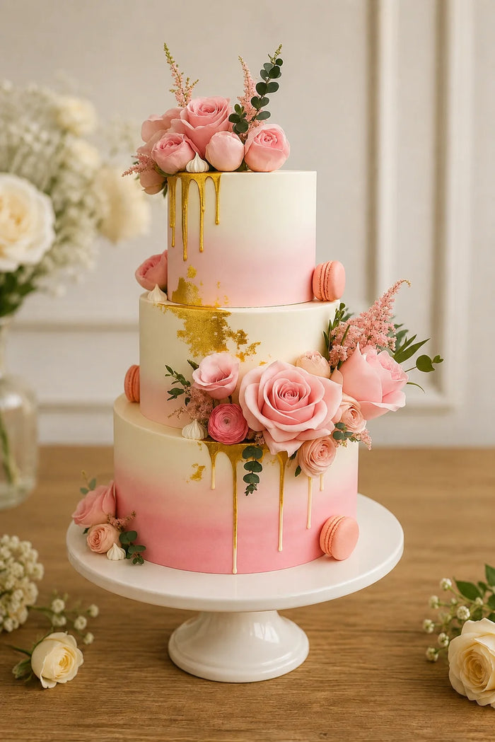 Three-Tier Floral & Gold Drip Celebration Cake