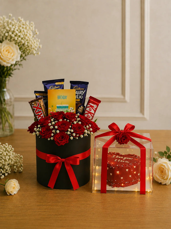 Velvet Romance Rose & Chocolate Birthday Hamper with Heart Cake