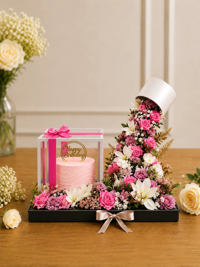 Pink Cascade Floral Birthday Cake & Spill Box Hamper