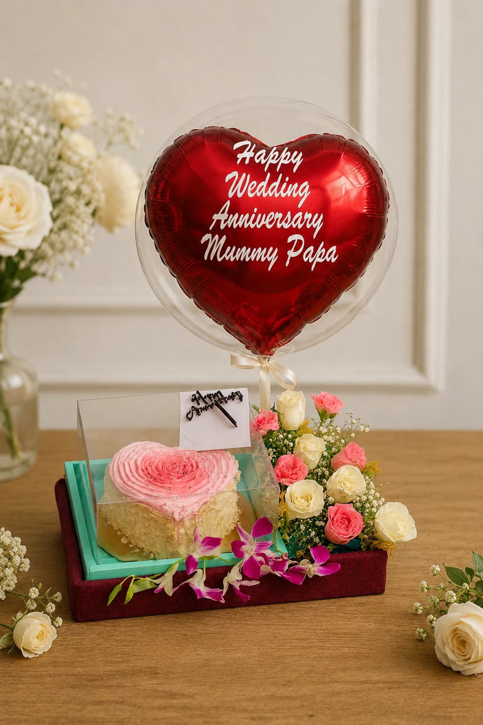 Anniversary Gift Box With Balloon And Flowers Cake