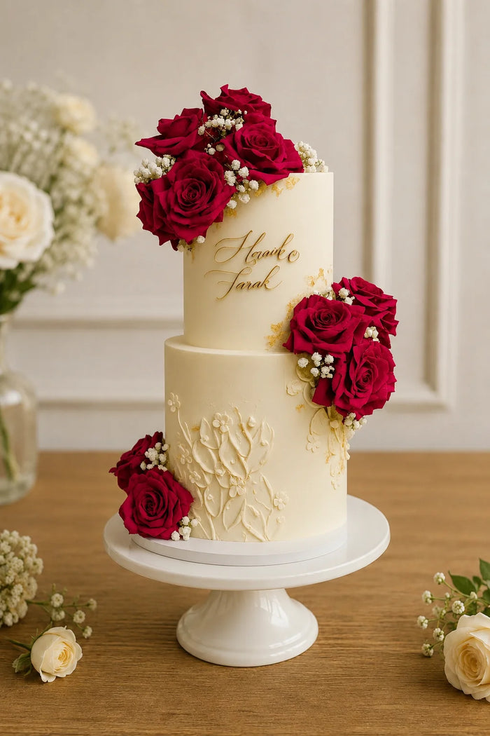 Two-Tier Floral & Gold Accents Celebration Cake