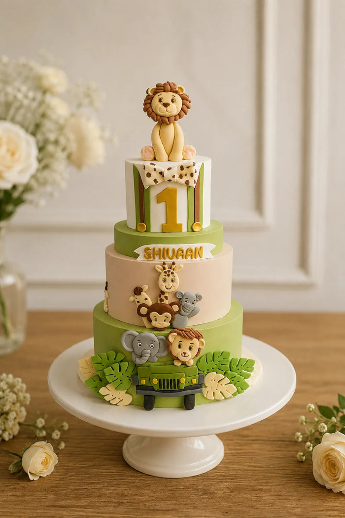 3-Tier 1st Birthday Jungle Safari Animals Birthday Cake