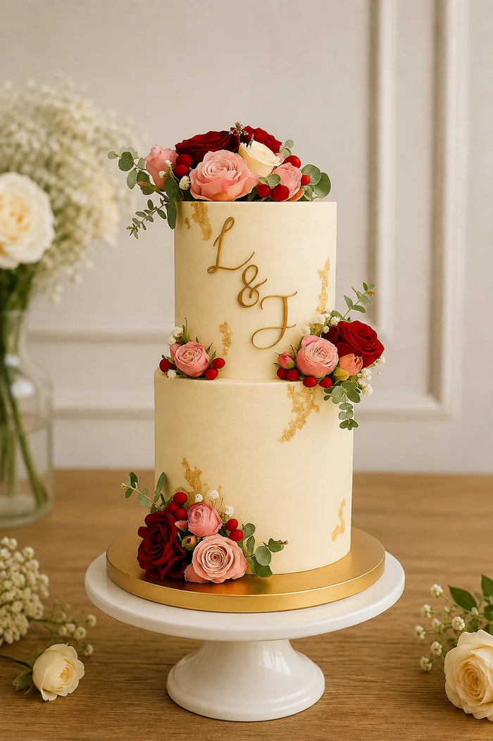 Two-Tier Romantic Floral with Gold Leaf Celebration Cake