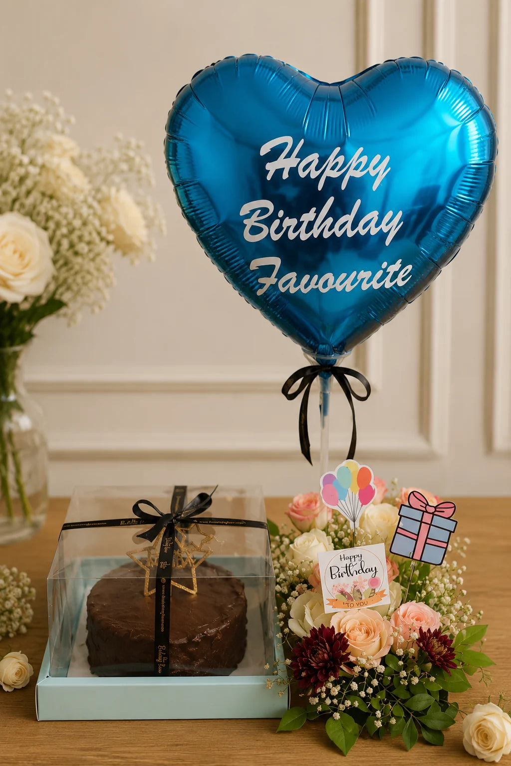Royal Blue Heart Balloon & Chocolate Truffle Birthday Hamper handcrafted luxury gift hamper by The Baking Kaur Meerut