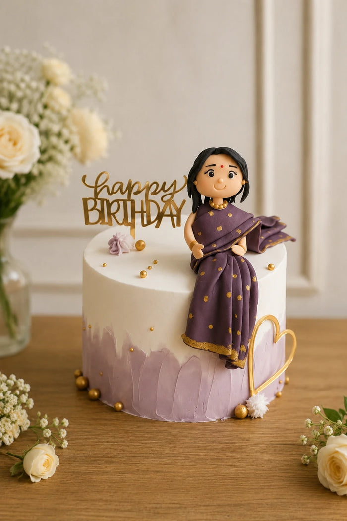 Indian Woman In Purple Saree Theme Cake
