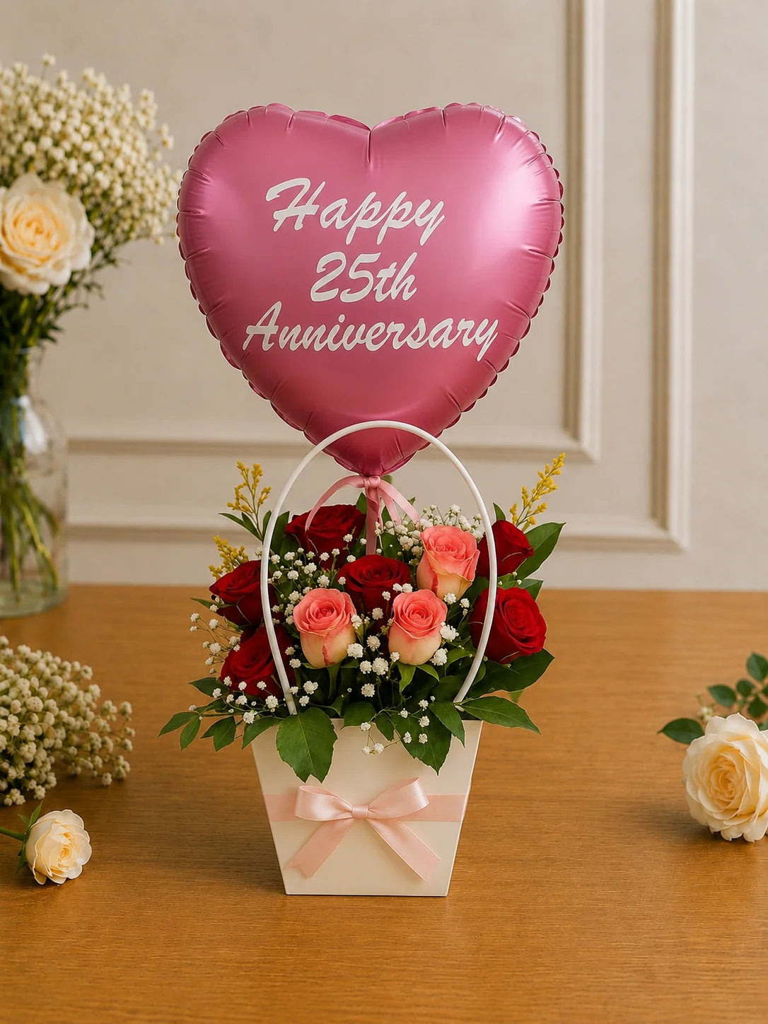 Happy 25th Anniversary Rose & Balloon Gift Box handcrafted luxury gift hamper by The Baking Kaur Meerut