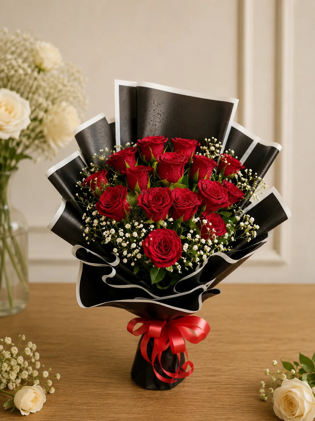 Opulent Black Wrapped Red Rose Luxury Bouquet handcrafted luxury gift hamper by The Baking Kaur Meerut